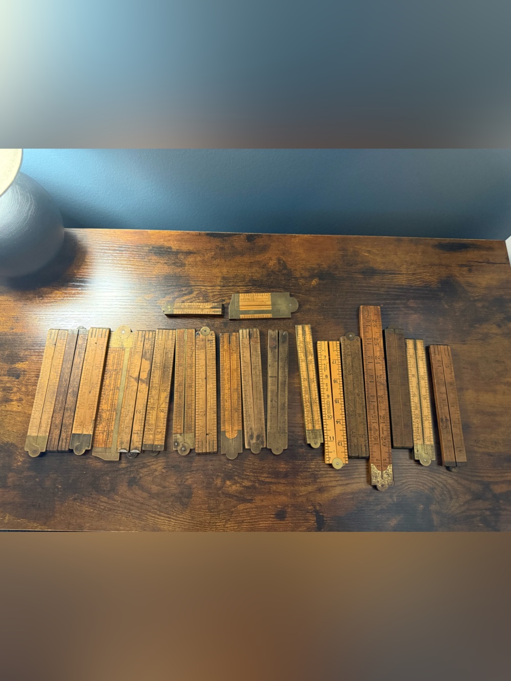 Vintage Stanley Wooden Folding Rulers Set in Natural Wood and Brass